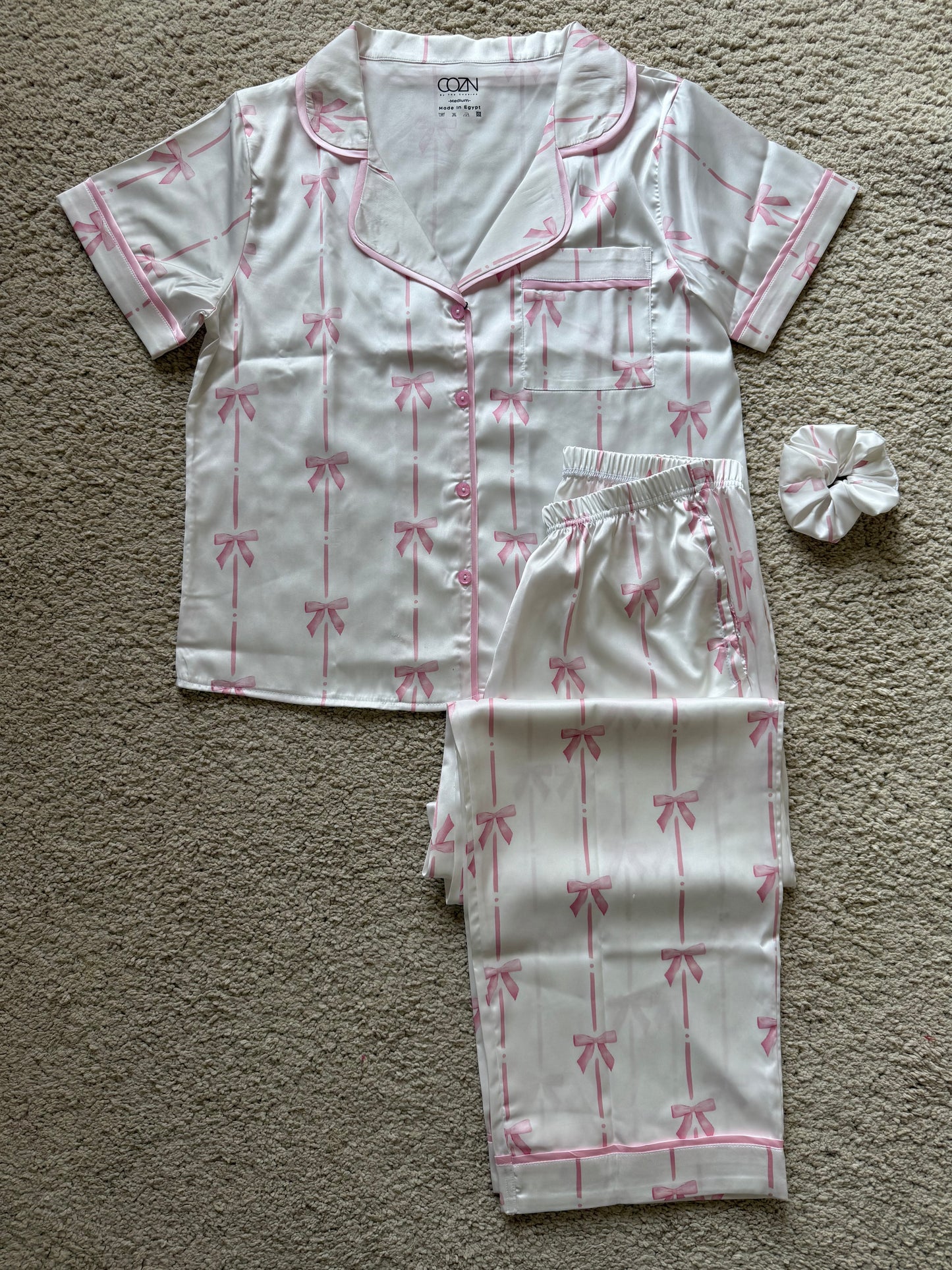 Cozn “The Bow Lines” satin pj Half sleeves & Long pants 🎀