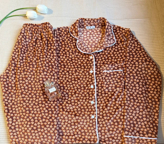 Brown hearted buttoned velvet pj